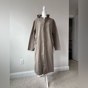 Ih Nom Uh Nit Taupe Long Raincoat with Contrast Stitching and Snap Buttons